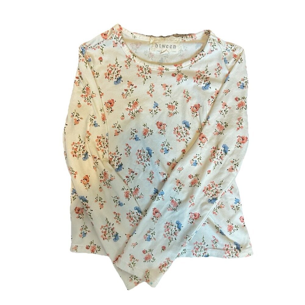 Btween Long Sleeve Top Girls Size 4 White Floral Crew Neck Cotton Blend